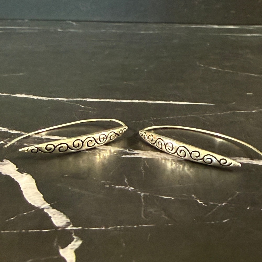 Silver Tone Spiral Engraved Curved Arch Earrings 2" Drop